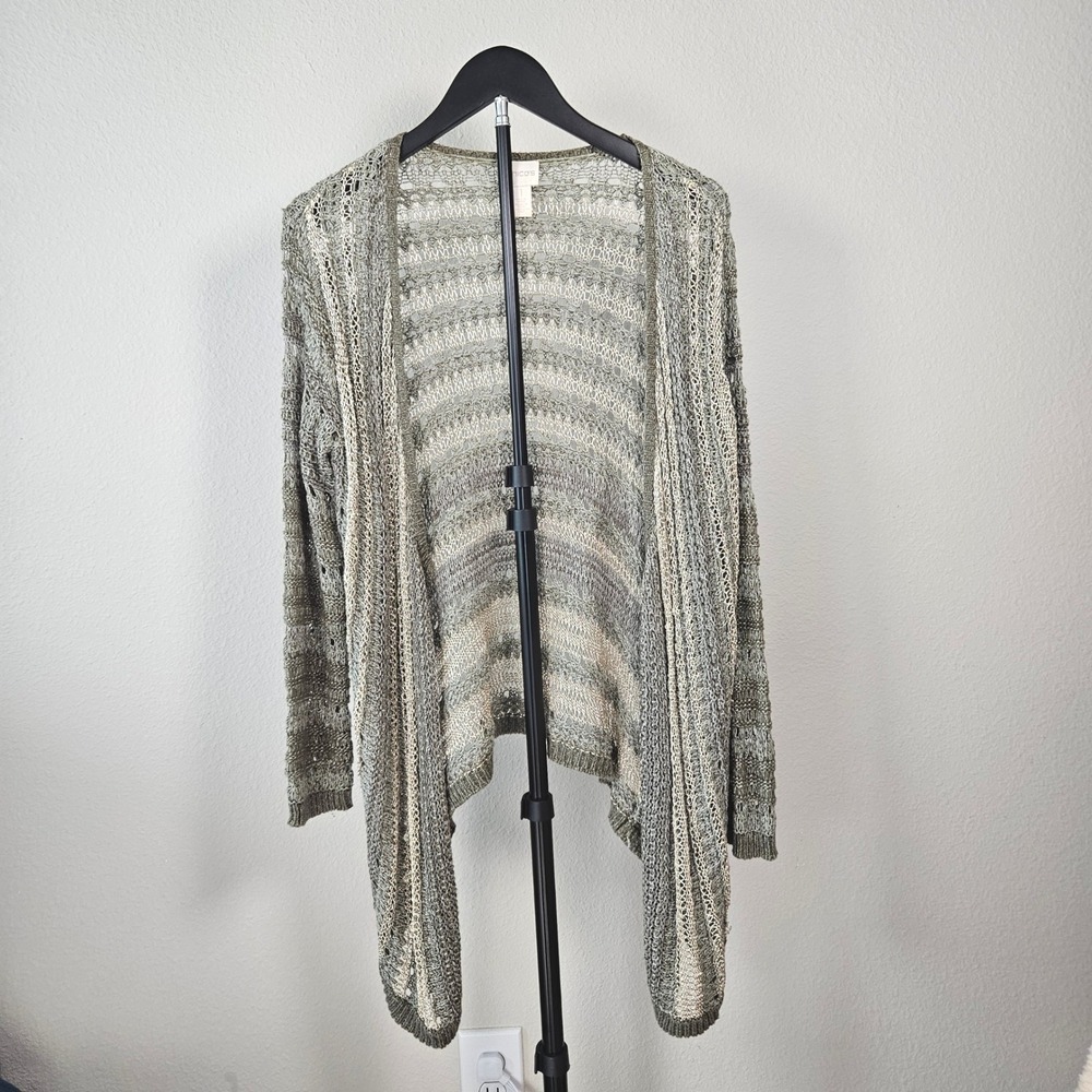 Chico's Cardigan Women 1 Sage Green Metallic Open Knit Sharkbite Boho Chic